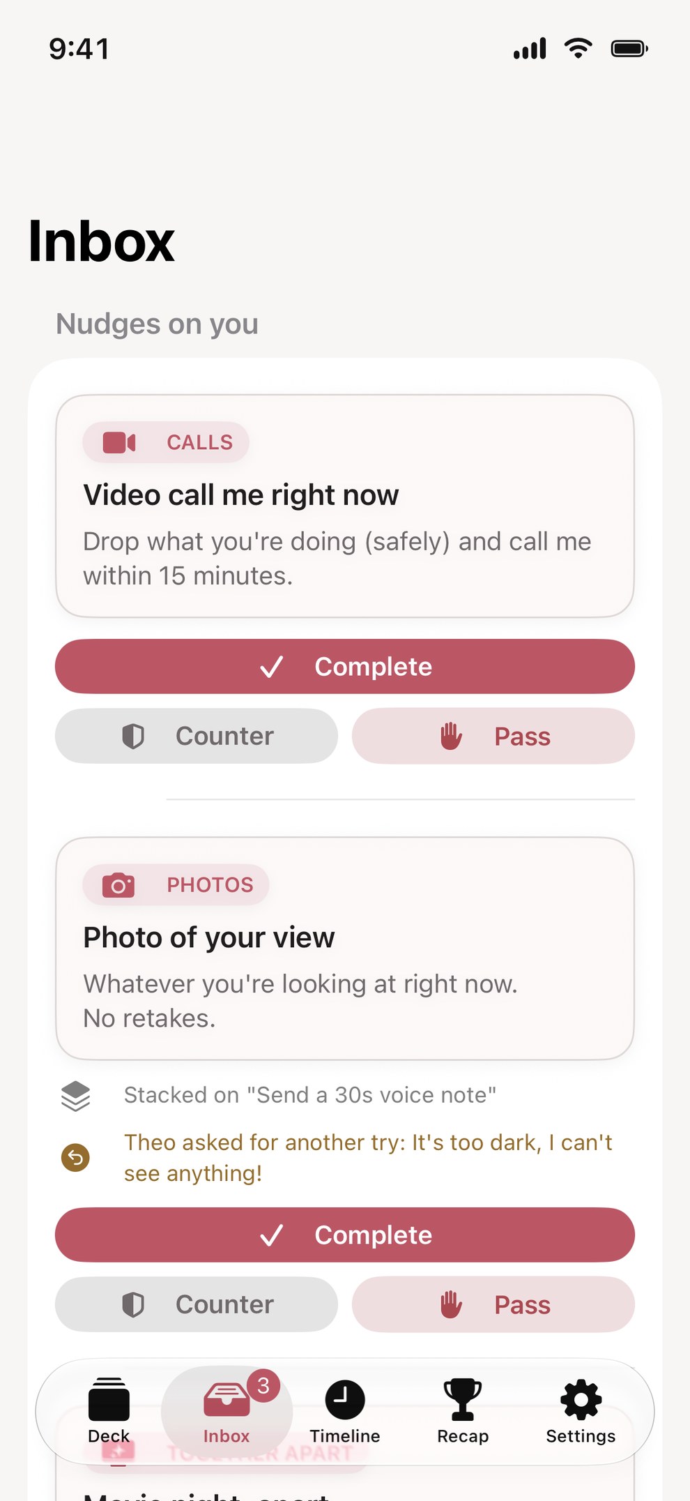 Inbox with Nudges to complete, counter, or pass
